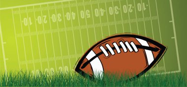 Amerikan futbolu yeşil çimlerde. Spor takımı kupası. Ragbi topu günü. Eğlenceli bir hafta sonu partisi. ABD, spor finali, okul oyunları ya da sokak oyunları. Vektör şablon arkaplan işareti. 