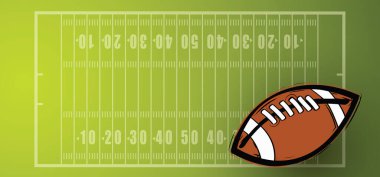 Amerikan futbol sahası, işaretli stadyum konsepti. Futbol sahası en üstte. Spor geçmişi için düz vektör yeşil çimen deseni. Üst görüntü logosu. Spor takımı kupası. Ragbi topu günü. Eğlenceli bir hafta sonu partisi.. 