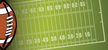 Amerikan futbol sahası, işaretli stadyum konsepti. Futbol sahası en üstte. Spor geçmişi için düz vektör yeşil çimen deseni. Üst görüntü logosu. Spor takımı kupası. Ragbi topu günü. Eğlenceli bir hafta sonu partisi.. 