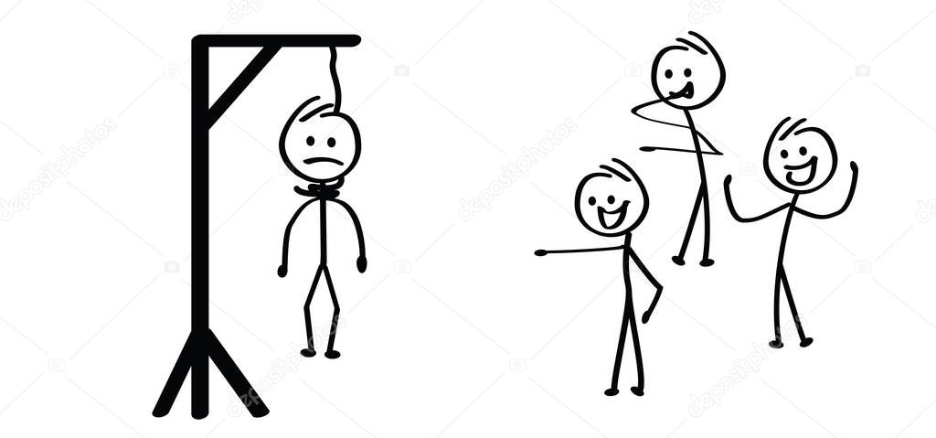 Cartoon stickman stick figure man. Vector Gallow symbol. Gallows glyph icon or logo, hang and knot, rope sign. Hangman or hangwoman noose knot. Drawing happy people.