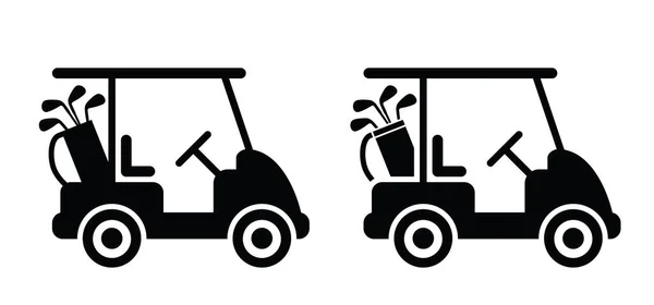Golf arabası ya da golf sopası ve golf çantası ikonu olan bir araba. Çizgi film vektör silueti logosu ya da piktogram. Spor, araç nakli. Özet, golfçüler ve golf sopası için araba. spor malzemeleri