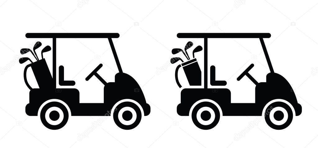 Hobby golf cart or car with golf clubs and golf bag icon. Cartoon vector silhouette logo or pictogram. Sport, vehicle transport. Outline, Car for golfers and golf club. sport equipment