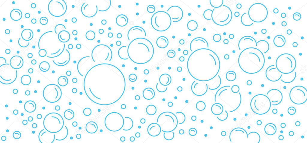 Blue sparkling water background. Water drops. Cartoon bath soap with lather silhouette. Soap with foam and bubbles. Clean water Vector icon or symbol.