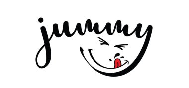 Çizgi film, komik tatlı gülümseme, dil ya da yalama. Mutlu bir gülümseme günü, kocaman bir gülümseme. Eğlenceli komik düşünceler duygu sembolü. Vektör kahkaha işareti. Dudak simgesi ya da resim çizimi