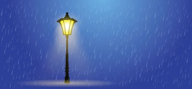 Çizgi film eski ve klasik sokak lambası ya da şehir feneri. Yağmur, mavi sokak lambası. İyi akşamlar, karanlık siluet lamba direği ışıkları.