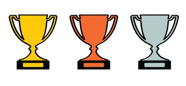 Altın, bronz, gümüş ödül birincilik ödülü. Çizgi film ödüllü ikon. Vektör şampiyonu spor logosu ya da piktogram. Zafer olayının kupa sembolü. Winnaar Ödülleri