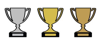 Altın, bronz, gümüş ödül birincilik ödülü. Çizgi film ödüllü ikon. Vektör şampiyonu spor logosu ya da piktogram. Zafer olayının kupa sembolü. Winnaar Ödülleri. Kupalar