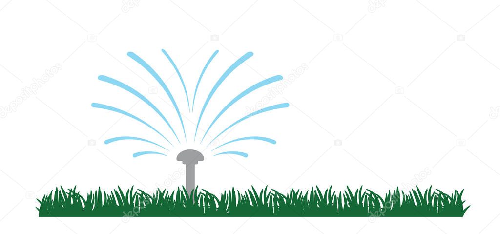 Grass lawn with garden sprinkler. Cartoon gras icon or pictogram. Irrigation system for drip watering lawn, field, or grass. Sprinkler irrigation symbol or logo. Sprinkling with water