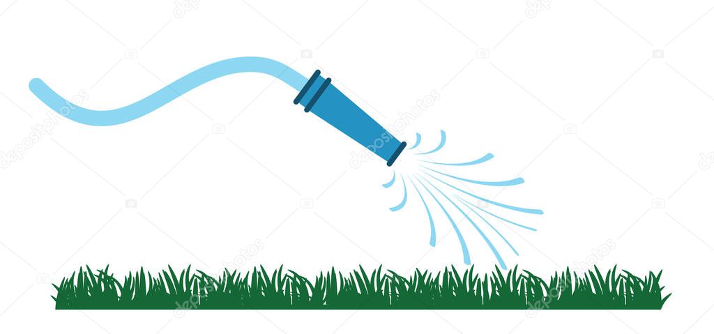Garden hose. Grass lawn with garden hosepipe. Cartoon gras icon or pictogram. Irrigation system for drip watering lawn, field, or grass. Sprinkler, sprinkler irrigation symbol or logo. Sprinkling with water