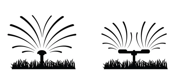 庭のスプリンクラーと草の芝生 漫画のグラウアイコンやピクトグラム 点滴散水芝生 フィールド または草のための灌漑システム スプリンクラー灌漑シンボルまたはロゴ 水で振りかける — ストックベクタ