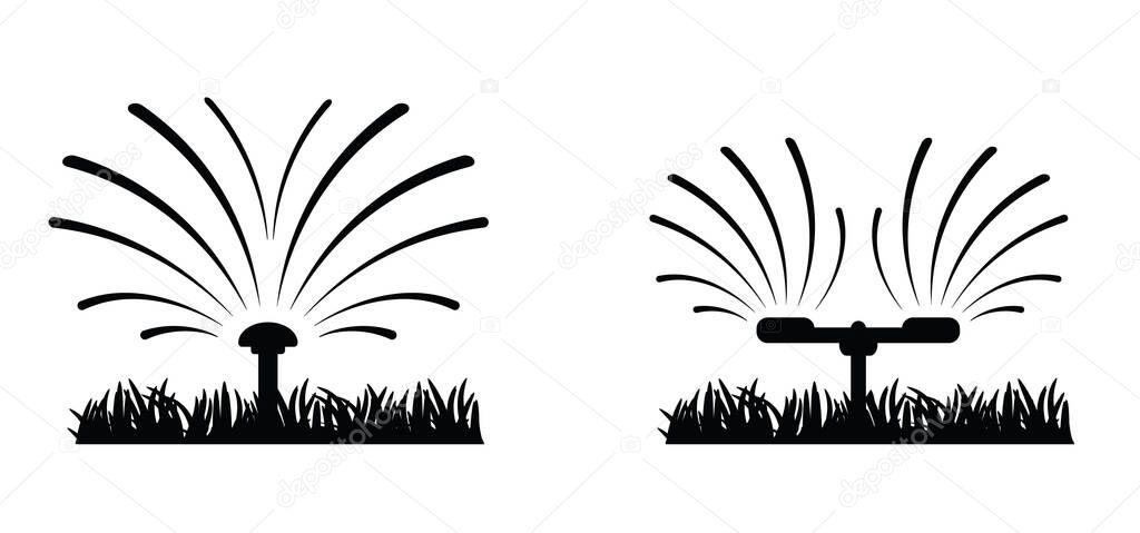 Grass lawn with garden sprinkler. Cartoon gras icon or pictogram. Irrigation system for drip watering lawn, field, or grass. Sprinkler irrigation symbol or logo. Sprinkling with water. Spring time, summer