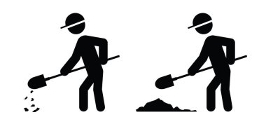 Bahçe kepçesi Stickman, kazmak için kepçeli çöp adam. Vektör simgesi ya da resim. Bahçe aletleri. Bitki el küreği logosu. 