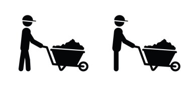 Çizgi film stickman, el arabası ya da bahçe arabası olan çöp adam. Vektör simgesi ya da resim. Bahçe aletleri. El arabası logosu. Bahçıvan. Kasklı inşaatçı ya da inşaat işçisi.