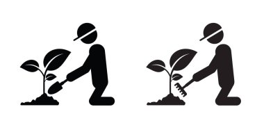 Stickman, sopalı adam kürek ve tırmıkla. Sebze, mutfak logosu. Vektör Bahçıvan simgesi ya da resim. Bahçe bakım aletleri. Çiftlik, çiftçi. Laf salatası. Çiçek bitkileri.