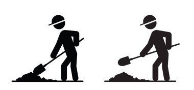 Bahçe kepçesi Stickman, kazmak için kepçeli çöp adam. Vektör simgesi ya da resim. Bahçe aletleri. El maça logosu ekin. Kasklı inşaatçı ya da inşaat işçisi. Yol çalışması
