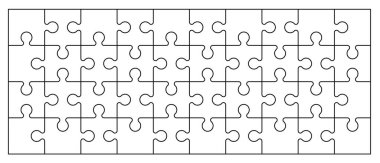 Yapboz parçaları bağlantı hattı deseni. Bulmaca parçaları simgesi ya da piktogram. Çizgi film vektör çizgisi. Otizm farkındalığı logosu ya da sembolü. Dubbele platte bulmacaları. Takım çalışması konsepti. Mozaik işareti. Oyun baskısı. Pankart