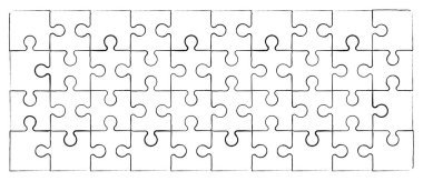 Yapboz parçaları bağlantı hattı deseni. Bulmaca parçaları simgesi ya da piktogram. Çizgi film vektör çizgisi. Otizm farkındalığı logosu ya da sembolü. Dubbele platte bulmacaları. Takım çalışması konsepti. Mozaik işareti. Oyun baskısı. Pankart