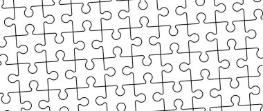 Yapboz parçaları bağlantı hattı deseni. Bulmaca parçaları simgesi ya da piktogram. Çizgi film vektör çizgisi. Otizm farkındalığı logosu ya da sembolü. Dubbele platte bulmacaları. Takım çalışması konsepti. Mozaik işareti. Oyun yazdırma