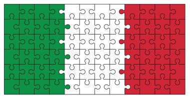 Flag Italy ile yapboz parçaları. İtalyan yapboz parçaları ikonu ya da piktogram. Ulusal ülke sembolü. Çizgi film vektörü İtalyan logosu. Platte bulmacaları. Mozaik işareti. Tatil ya da tatil için..