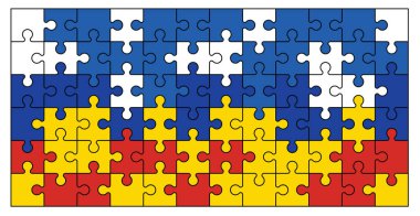 Bayrak 'la yapboz parçaları. Rusya ve Ukrayna çatışması. Bulmaca parçaları simgesi ya da piktogram. Ulusal ülke sembolü. Melez savaşı ve savaş, DDoS saldırısı. Siber savaş,