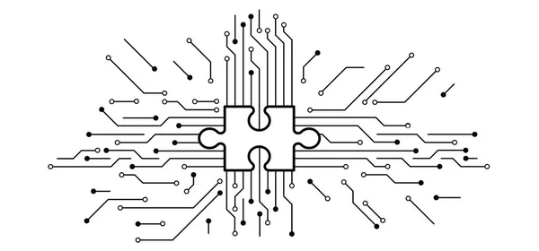 拼图拼图 电路板或电子主板 线和点连在一起 矢量高科技数据 数字技术 Cpu Pcb印刷电路 芯片和工艺 投入或产出 — 图库矢量图片