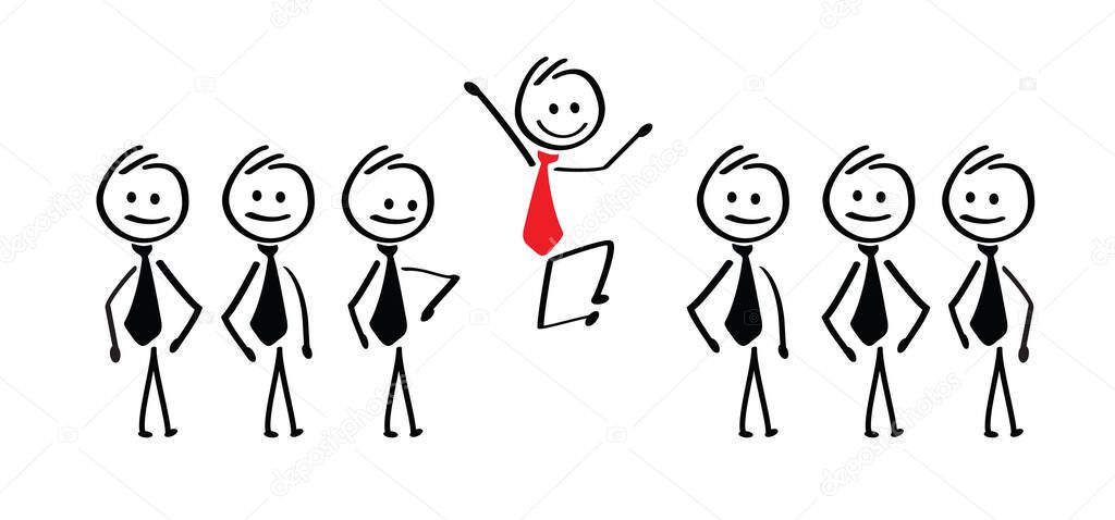 Unique person in the crowd. Domino effect. Business concept. Social networks. Cartoon vector stopping, falling people stickman. Standing stick figure, management, successful team leader or manager.