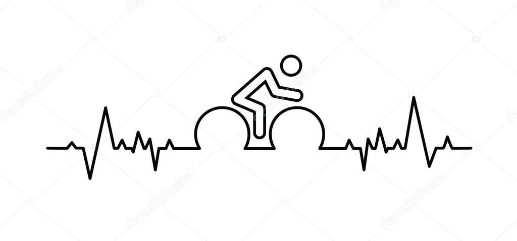 Cartoon cycling line wave pattern and hard battle. World Bicycle day, health day race tour. Sport cyclist. Cycling symbol Funny vector bike. Mountain touring route.