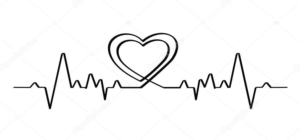 Cartoon heartbeat pulse wave with heart love symbol. Heart beat medical healthcare icon or logo. Vector cardiogram  waves pictogram. Heart rhythm line pattern. Medical healthcare graphic. Valentine, valentine's day, day