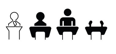 Bir masa Lectern kürsüsünde konferans ikonu vektör işareti konuşmacısı kurumsal iş kongresi girişimcilik konferansı konferans salonu izleyicileri komik çevrimiçi eğitim sunumu hakkında bir konuşma yapıyor