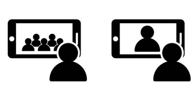 Çevrimiçi webinar uzak vektör kayıt imzası konuşmacısı video konferans konferansı hakkında bir konuşma yapıyor Web cam görüntülü sohbet, ev logosu karşılamak için çevrimiçi brifing eğitimi