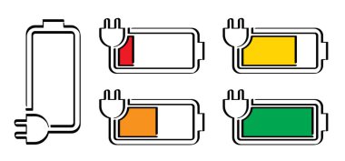Şarjla şarj oluyor. Şarj göstergesi ya da seviye pil durumu. Güç azalıyor. Vector pictogram ya da logo. Yükleme seviyesi, boş bar simgesi.
