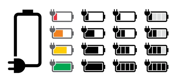 Battery Charging Plug Charge Indicator Level Battery Status Power Running — Vector de stock