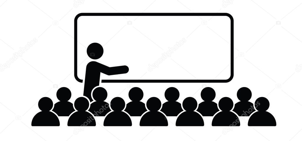 Cartoon stickman business or teacher represented by presentation. Stick figure man or businessman pointing at a board. Training class, meeting presentation icon or pictogram. students idea.