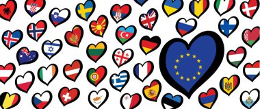 Avrupa, Euro, eu bayrağı ve kalp bayraklı farklı ülkeler. Avrupa için, Eurovision müzik festivali, yarışma. Hayaller için müzik şarkıları. Vektör Euro TV simgesi deseni. 