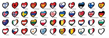 Aşk, Avrupa görüşü tarzında bir bayrak gibidir. Bayrak ve farklı ülkelerin bayraklarında kalp logosu var. Avrupa için, Eurovision müzik festivali, yarışma. Hayaller için müzik şarkıları. Vektör Euro TV simgesi 