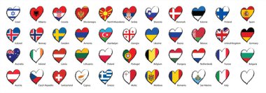 Aşk, Avrupa görüşü tarzında bir bayrak gibidir. Bayrak ve farklı ülkelerin bayraklarında kalp logosu var. Avrupa için, Eurovision müzik festivali, yarışma. Hayaller için müzik şarkıları. Vektör Euro TV simgesi 