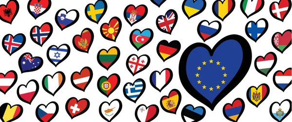 Drapeaux Europe Euro Différents Pays Avec Logo Des Drapeaux Cœur — Image vectorielle
