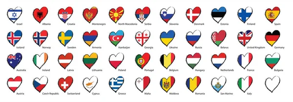 Love Hearts Flag Eurovision Style Flag Different Countries Flags Heart — Stok Vektör
