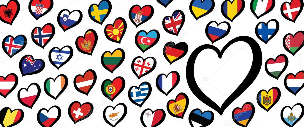 Empty flag and different countries flags with heart flags logo. For Europe, eurovision music song festival, contest. Music songs for vision dreams. Vector euro TV icon pattern. 