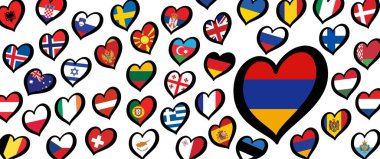 Ermenistan bayrağı ve kalp amblemi olan farklı ülkeler. Avrupa için, Eurovision müzik festivali, yarışma. Hayaller için müzik şarkıları. Vektör Euro TV simgesi deseni. 