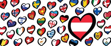 Avusturya bayrağı ve kalp amblemi olan farklı ülkeler. Avrupa için, Eurovision müzik festivali, yarışma. Hayaller için müzik şarkıları. Vektör Euro TV simgesi deseni. 