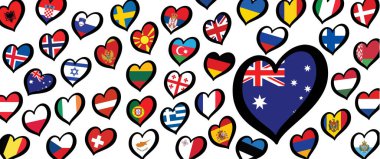 Avustralya bayrağı ve kalp bayraklı farklı ülkeler. Avrupa için, Eurovision müzik festivali, yarışma. Hayaller için müzik şarkıları. Vektör Euro TV simgesi deseni. 