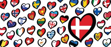 Danimarka bayrağı ve kalp amblemi olan farklı ülkeler. Avrupa için, Eurovision müzik festivali, yarışma. Hayaller için müzik şarkıları. Vektör Euro TV simgesi deseni. 