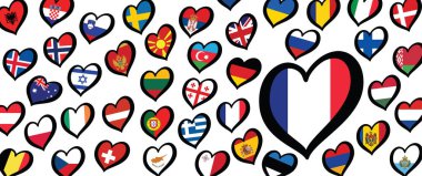 Fransa, Fransız bayrağı ve kalp amblemi olan farklı ülkeler. Avrupa için, Eurovision müzik festivali, yarışma. Hayaller için müzik şarkıları. Vektör Euro TV simgesi deseni. 