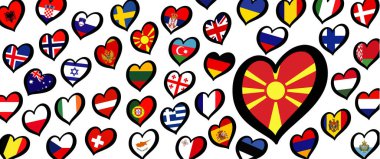 North Macedonia flag and different countries flags with heart flags logo. For Europe, eurovision music song festival, contest. Music songs for vision dreams. Vector pattern. 