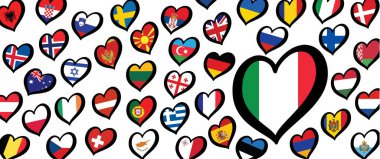 İtalya İtalya İtalya bayrağı ve farklı ülkelerde kalp bayrakları var. Avrupa için, Eurovision müzik festivali, yarışma. Hayaller için müzik şarkıları. Vektör Euro ikonu deseni. Kazanan 2021, Torino, Torin 2022