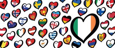 İrlanda bayrağı ve kalp amblemi olan farklı ülkeler. Avrupa için, Eurovision müzik festivali, yarışma. Hayaller için müzik şarkıları. Vektör Euro TV simgesi deseni. 