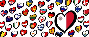 Malta bayrağı ve kalp amblemi olan farklı ülkeler. Avrupa için, Eurovision müzik festivali, yarışma. Hayaller için müzik şarkıları. Vektör Euro TV simgesi deseni. 