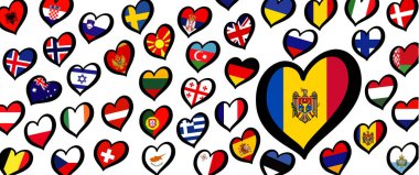 Moldavia or Moldova flag and different countries flags with heart flags logo. For Europe, eurovision music song festival, contest. Music songs for vision dreams. Vector euro TV icon pattern. 