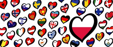 Polonya bayrağı ve kalp amblemi olan farklı ülkeler. Avrupa için, Eurovision müzik festivali, yarışma. Hayaller için müzik şarkıları. Vektör Euro TV simgesi deseni. 